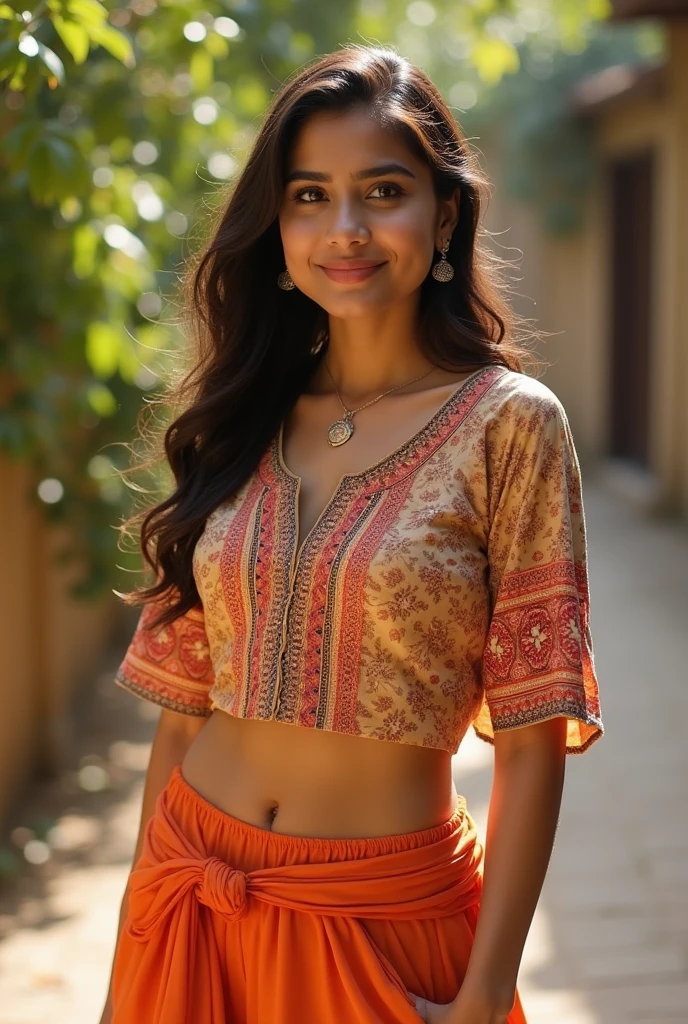 A women waring a red color saree blouse and a denim , demin's folderd need a bell bottom type and put extra peasses for bell botto same material in a saree blouse