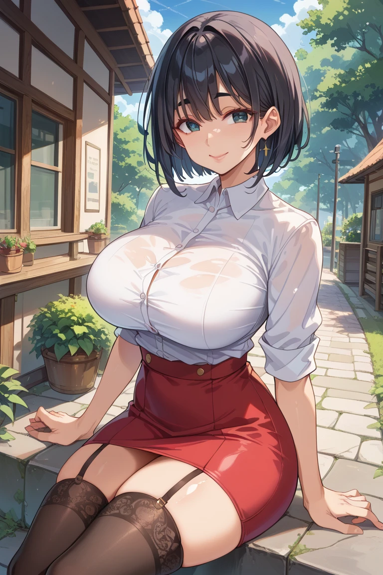  score_9,  score_8_up,  score_7_up, ((Best Quality)) 、Droopy eyes　、(Beautiful face) 、cshiny skin　、Thin eyebrows　、Sharp eyebrows、Black Hair　、Thin Nose　、high nose　、lips　、bangs　、(Center part)　、 short hair　、smile　、Big Breasts　、 white shirt 　、 Tight Skirt 　、 stockings 　、milf 、 toned body　、