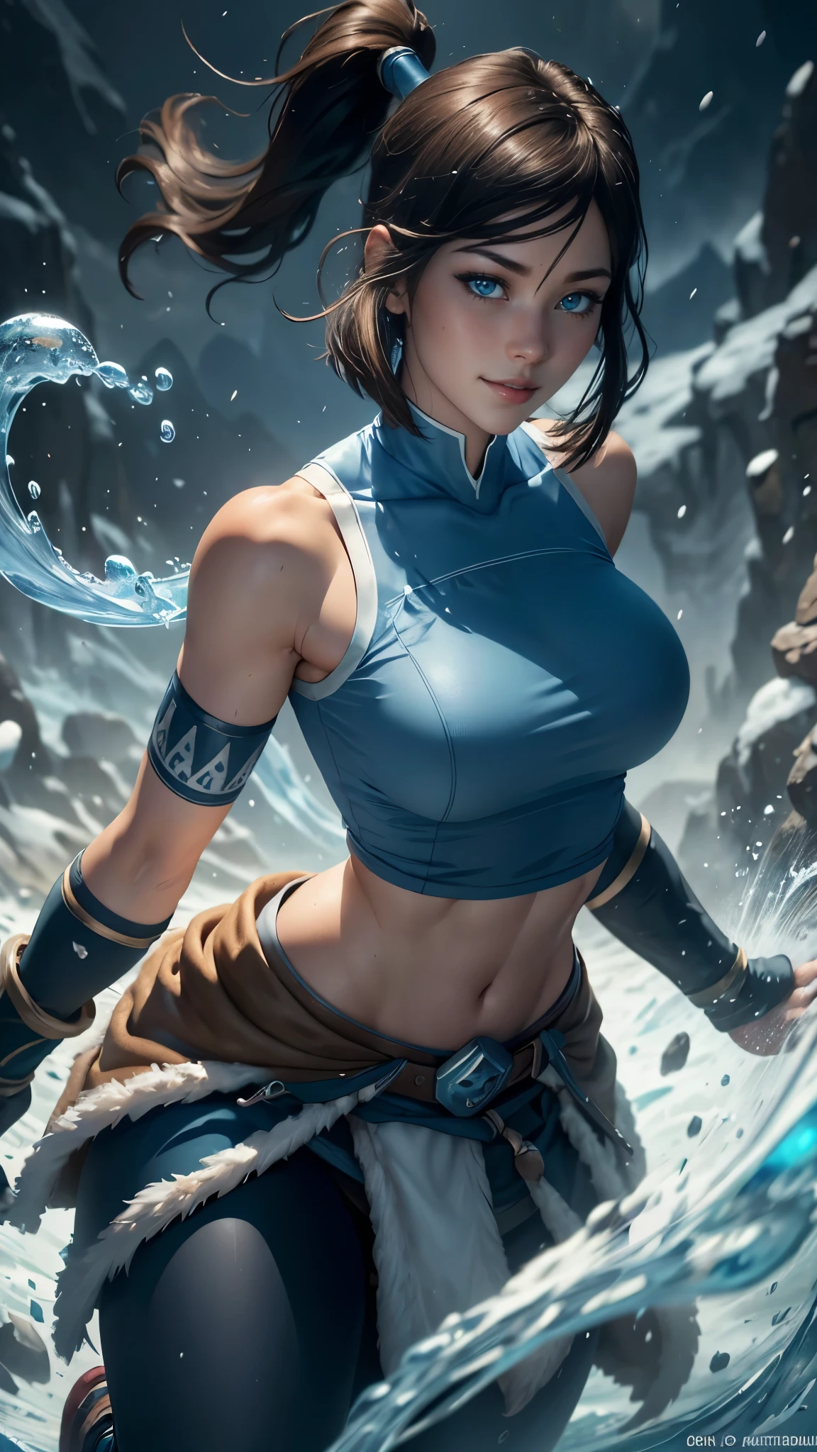 Korra da avatar,(best quality, 4K,8k,high resolution,work of art:1.2)(weather: snowing), tundra background, winter village, wide hips, short straight hair, brown hair, freckles, sleeveless tribal top, winter belt, tight leggings, winter boots, elbow long gloves, light makeup, dark eyeshadow, blush, sexy pose, glowing eyes, ultra detailed,portrait,realistic,beautiful detailed blue eyes, beautiful detailed lips,extremely detailed eye and face, long eyelashes,average, large breasts,flying hair,beaming smile, sexy smile, powerful girl, bright coloured, dramatic lighting, water bending,