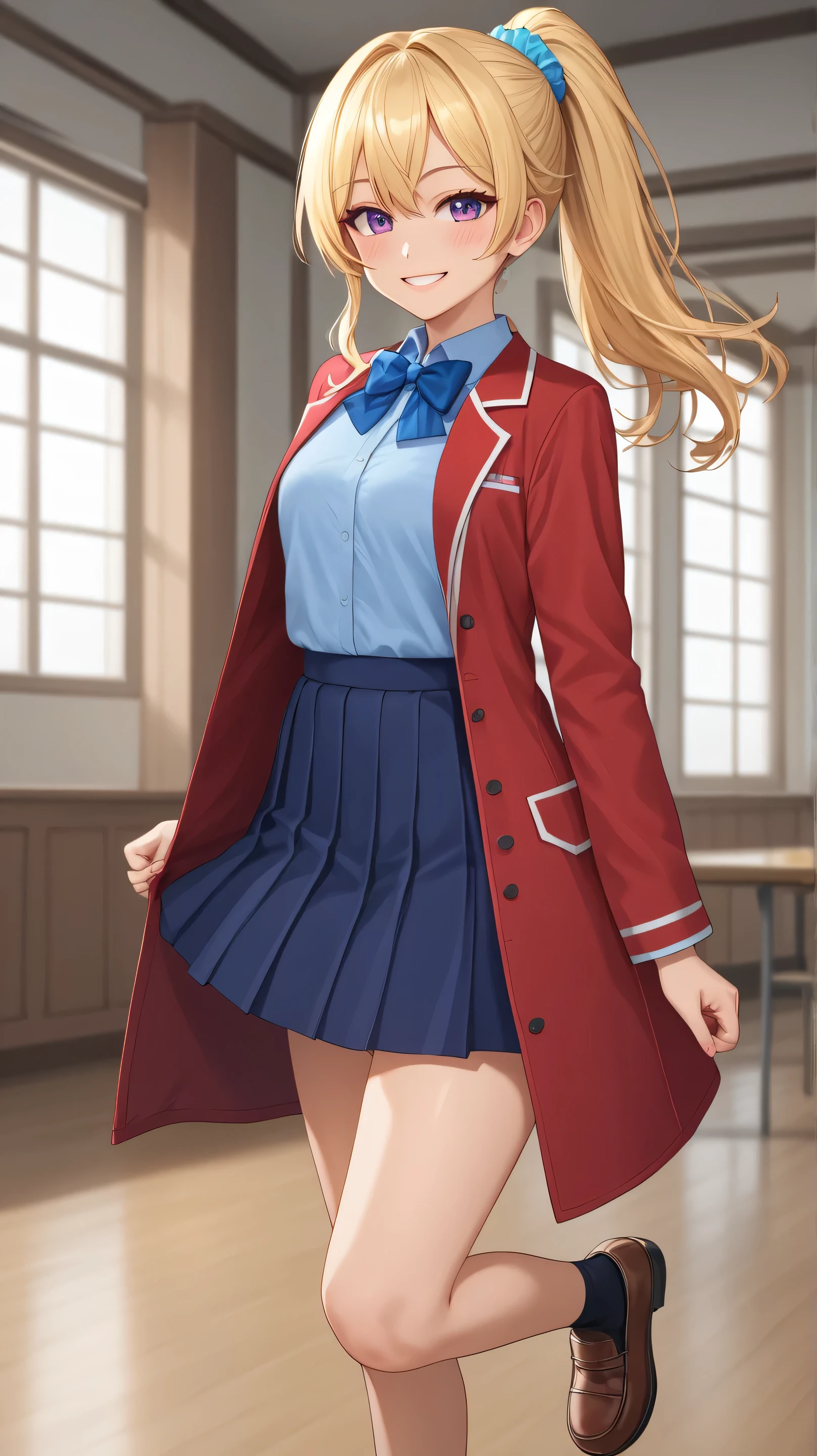 score_9,score_8_up,score_7_up, skiny skin, 1girl, KeiKaruizawa, Kei Karuizawa, ponytail hairstyle, parted lips, blue skirt, bangs, hair tie, violet eyes, blush, breasts, blue shirt, collared shirt, bowtie, red coat around waist, pleated skirt, red skirt, small breasts, solo, looking at viewer, blonde hair, blonde hair, blue scrunchie, school outfit, school costume, closed mouth, long sleeves, ponytail hairstyle, collarbone, smile, large smile,(( full shot, full body)), blush, long hair, detailed, (masterpiece, top quality, best quality, official art, beautiful and aesthetic:1.2), (1girl:1.3), extremely detailed, official artstyle, highest detailed, parted lips,wallpaper, beautiful blonde hair, bangs, (happiness, beautiful smile, happy expression, happy face), standing