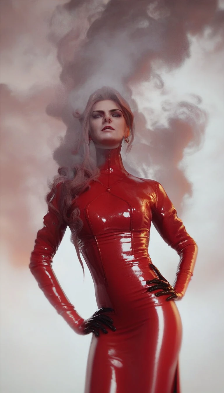 Very thin. Cruella de Vil. Red latex. A very magnificent hairstyle. Designer shiny black latex suit, magnificent dress. Hands in gloves on hips. Red, thick smoke in the background.