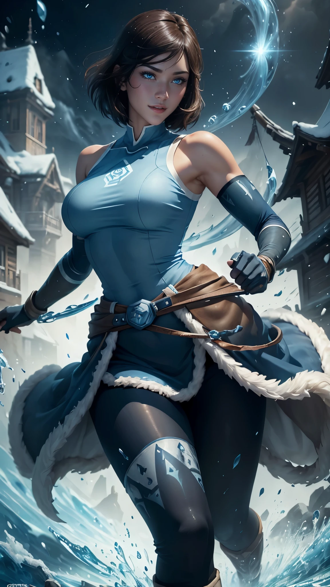 Korra da avatar,(best quality, 4K,8k,high resolution,work of art:1.2)(weather: snowing), tundra background, winter village, wide hips, short straight hair, brown hair, freckles, sleeveless tribal top, winter belt, tight leggings, winter boots, elbow long gloves, light makeup, dark eyeshadow, blush, sexy pose, glowing eyes, ultra detailed,portrait,realistic,beautiful detailed blue eyes, beautiful detailed lips,extremely detailed eye and face, long eyelashes,average, large breasts,flying hair,beaming smile, sexy smile, powerful girl, bright coloured, dramatic lighting, water bending,