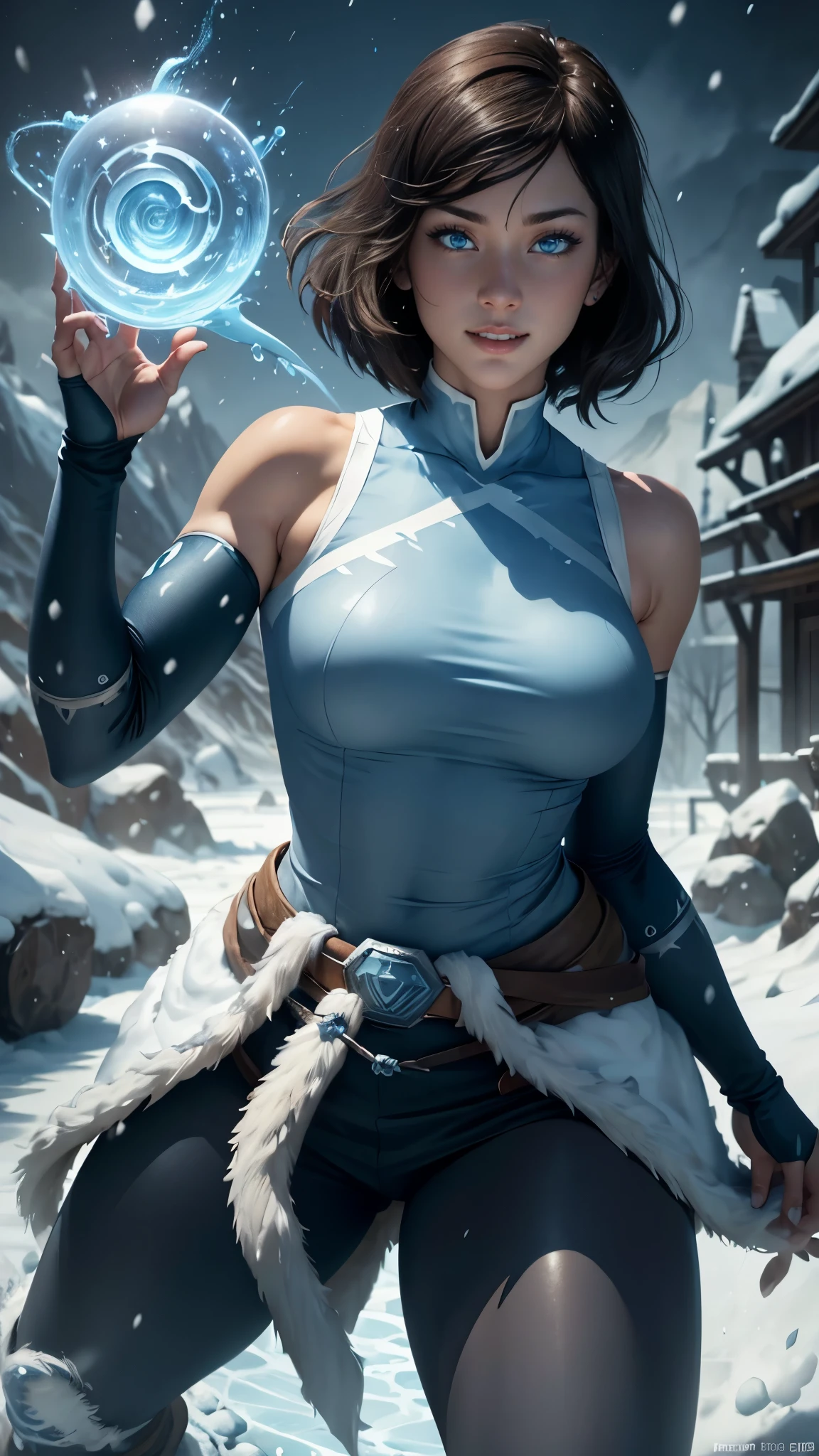 Korra da avatar,(best quality, 4K,8k,high resolution,work of art:1.2)(weather: snowing), tundra background, winter village, wide hips, short straight hair, brown hair, freckles, sleeveless tribal top, winter belt, tight leggings, winter boots, elbow long gloves, light makeup, dark eyeshadow, blush, sexy pose, glowing eyes, ultra detailed,portrait,realistic,beautiful detailed blue eyes, beautiful detailed lips,extremely detailed eye and face, long eyelashes,average, large breasts,flying hair,beaming smile, sexy smile, powerful girl, bright coloured, dramatic lighting, water bending,