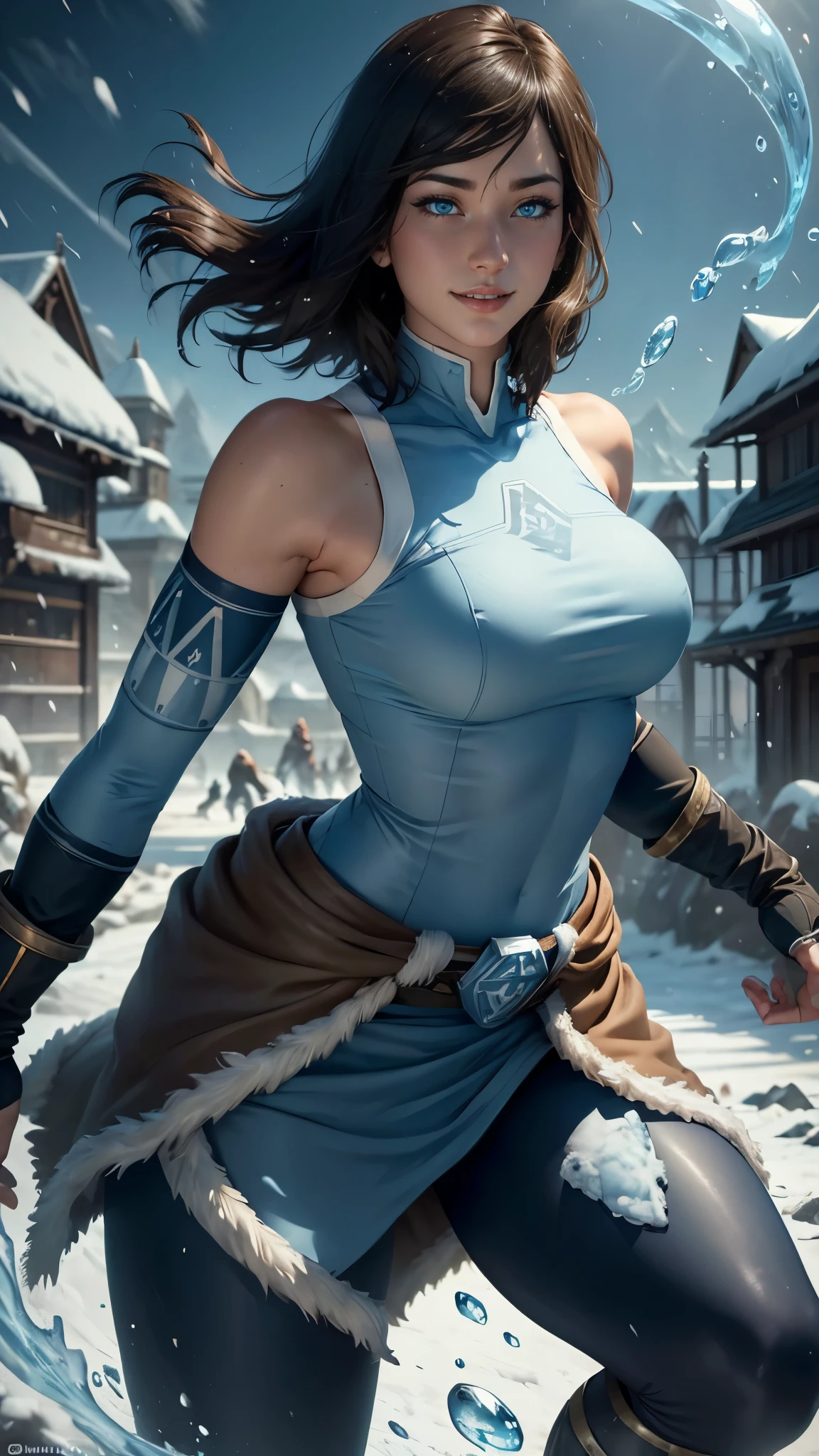 Korra da avatar,(best quality, 4K,8k,high resolution,work of art:1.2)(weather: snowing), tundra background, winter village, wide hips, short straight hair, brown hair, freckles, sleeveless tribal top, winter belt, tight leggings, winter boots, elbow long gloves, light makeup, dark eyeshadow, blush, sexy pose, glowing eyes, ultra detailed,portrait,realistic,beautiful detailed blue eyes, beautiful detailed lips,extremely detailed eye and face, long eyelashes,average, large breasts,flying hair,beaming smile, sexy smile, powerful girl, bright coloured, dramatic lighting, water bending,