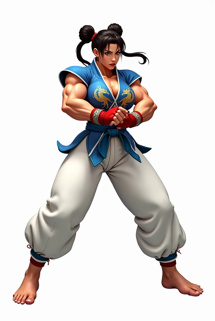 Street Fighter character Chun Lee Chun-li is a character from Street Fighter who is 172cm tall, has a Double Bun hairstyle, beautiful skin, thick shoulders, muscle, large chest size 90cm, large waist, 130cm wide waist. Broad round hips with pronounced leg muscles, wearing a shirt in blue-and-white iron with a golden dragon print, wearing white G-String pants knitted with yarn, standing on legs, hands stretching the torso, fighting in an aggressive posture, white scene.