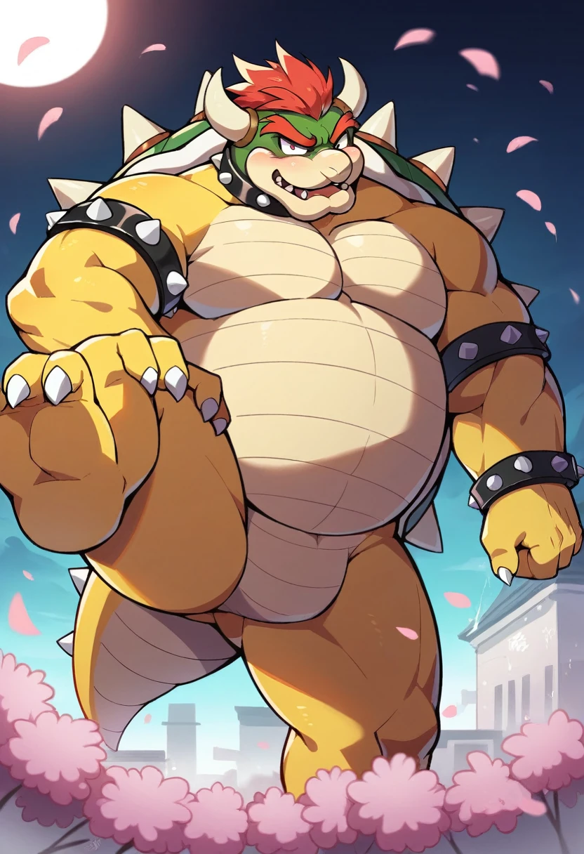 masterpiece,Best Quality,kemono,  anthro  (Bowser), male, (Bowser),middle aged, (Vertical slit in the crotch),Chinese Building,Majestic, cruel,confident,strong,cherry blossoms, cherry blossomsの花 葉, Outdoor,  dynamic angle that raises one leg terribly, faces with a depth of writing , correct anatomy , The right move,, Hi-Res, dim ,dark,dark shadows, light against dark, Movie-like ,  dramatic light , Wide Dynamic Range,  Hi-Resr, dark場所:1.2, by Pino Daeni, ( by Luadri ), by virtyalfobo，( splash, Spill, milk ((body)),  Stud earrings,  (Insect&#39;s Eyes),, close-up,   open legs,( Warm Eye View ),sit