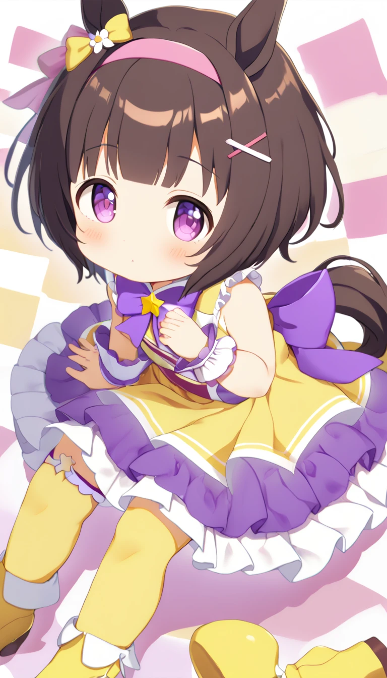 1girl, little toddler, NishinoFlower, horse girl, purple eyes, horse ears, horse tail, black hair, short hair, blunt bangs, x hair ornament, pink hairband, flat chest, sleeveless yellow dress, multicolored dress, purple dress, white dress, wrist cuffs, purple back bow, bridal garter, yellow footwear, high heel boots