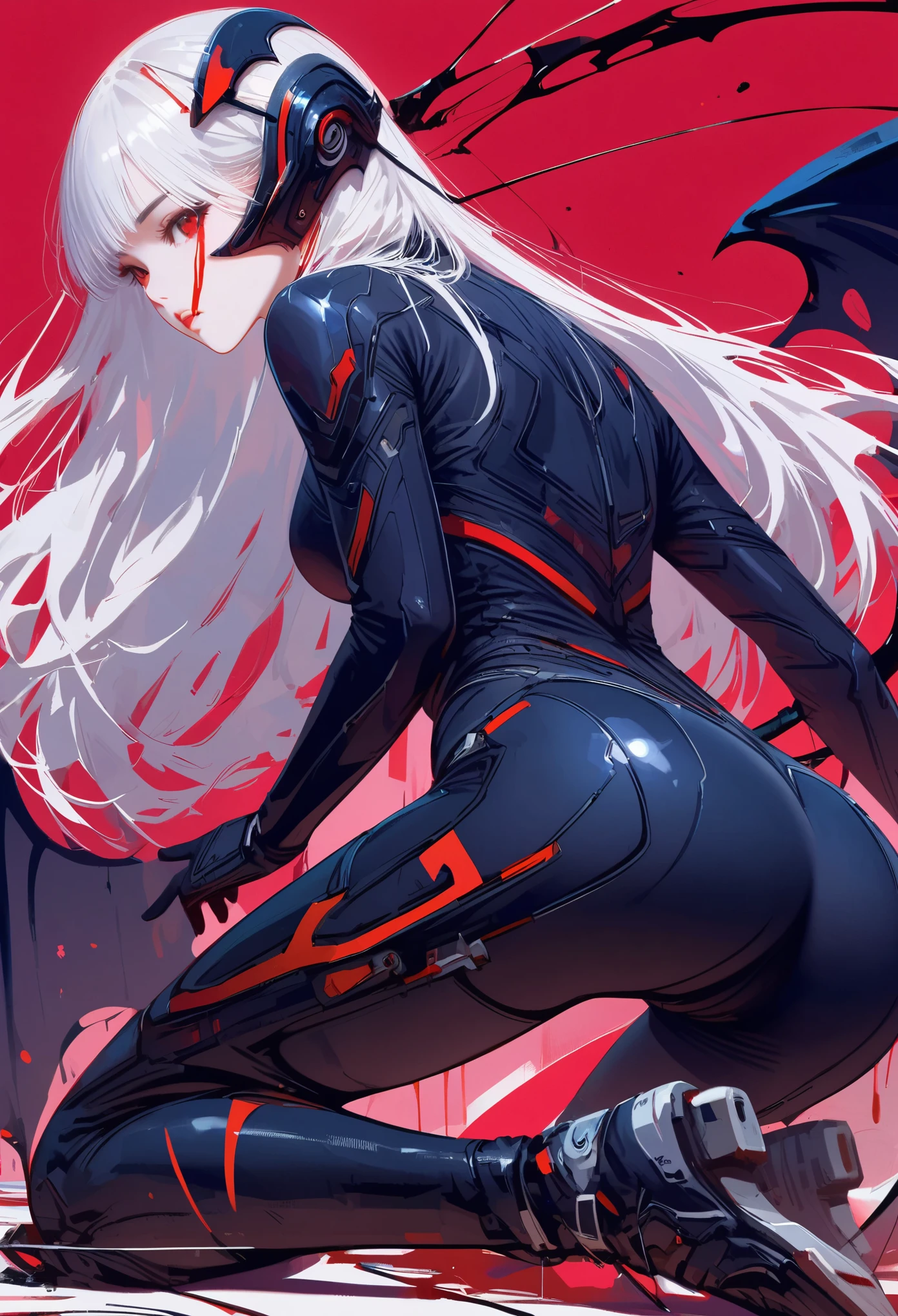 masterpiece， best quality， 8K， number， 1 girl， Solitary， stand up， youth， White hair， long White hair， Hair accessories， Red Eyes， Round pupil， Emotionless expression， Blood-stained mechanical parts， electric wire， cable， Failure Effect， scary， Science fiction， Futuristic， The background is darker， Neon， Cyberpunk Characters， Surreal， Strange， Disturbing， Creepy， scary， One-piece Pants，Red Eyes，Venom，nigrescence，Long black gloves，Jumpsuits，Tight latex bodysuit，Highlight her graceful figure,将整个身体包裹stand up，Symbiote，（（Sexy highlighted）），One-piece Pants，Red Eyes，Venom，nigrescence，Long black gloves，Jumpsuits，Black latex suit，Blood-Red Eyes，best quality, high resolution, Very detailed, Vivid texture, mask, Tight latex bodysuit, Bangs,Purple Hair, blue eyes
