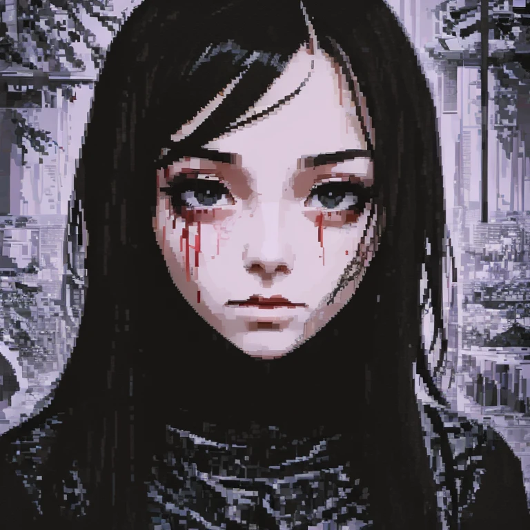  [PixElated Anime Girl, in a terrible style of manga; The state of anxious immobility, the mood of the dark riddle and subcultural anxiety], [Pixel Art, Manga Style, Horror], [Revolution of pixel art 128x128, with bright white moments; The background of the dark forest or the black -white interior of the building with the effects of driving, suggesting decay; scars on the face, blood on the body; Focus on alarming details, such as eyes and distorted mouths; Drainage images are thinly included in the background or clothes.]