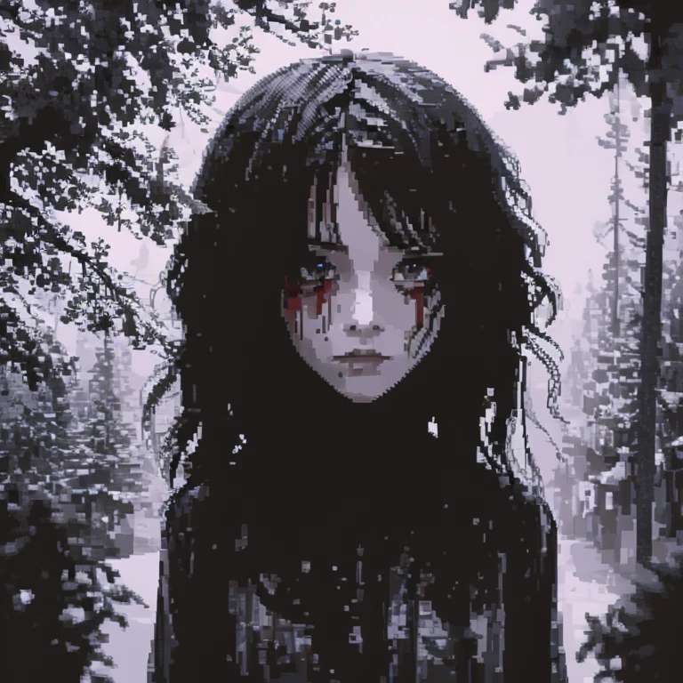  [PixElated Anime Girl, in a terrible style of manga; The state of anxious immobility, the mood of the dark riddle and subcultural anxiety], [Pixel Art, Manga Style, Horror], [Revolution of pixel art 128x128, with bright white moments; The background of the dark forest or the black -white interior of the building with the effects of driving, suggesting decay; scars on the face, blood on the body; Focus on alarming details, such as eyes and distorted mouths; Drainage images are thinly included in the background or clothes.]