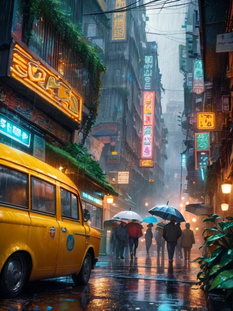 a detailed pixel art cityscape with rain, isometric view, highly detailed, vibrant color palette, dynamic lighting, intricate architecture, gloomy atmosphere, puddles on the ground, neon signs, people with umbrellas, yellow taxi cabs, steam coming from manholes, birds flying in the sky, lush greenery, (best quality,4k,8k,highres,masterpiece:1.2),ultra-detailed,(realistic,photorealistic,photo-realistic:1.37)