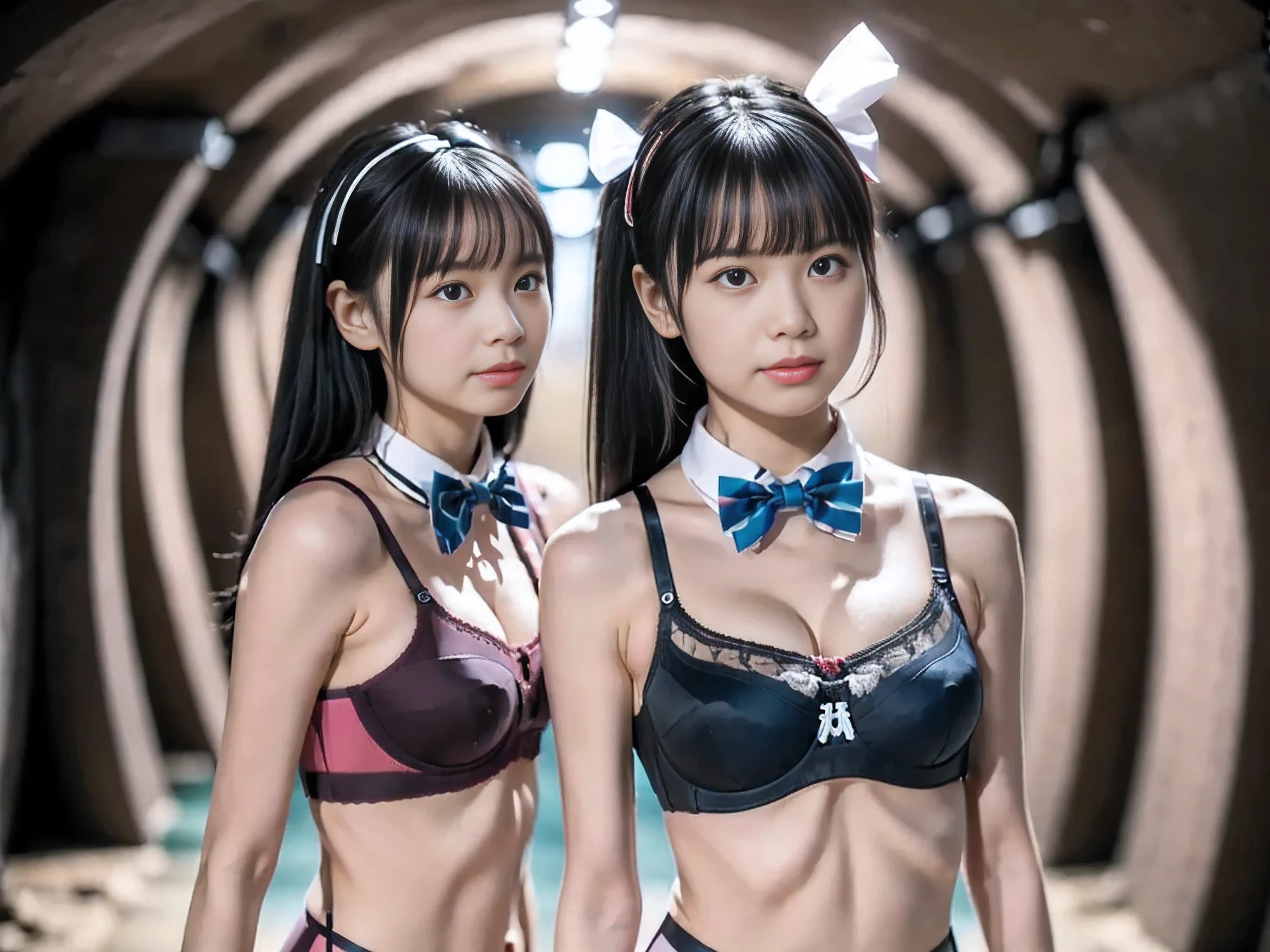 (4k, high quality, high quality, masterpiece), (brightness adjustment), (realistic), ((standing in an underground fortress)), A beautiful girl trapped in me, brainwashed to obey me, and follow me as my pawn, ((standing in front of me, looking at me)), One beautiful girl, Asian beautiful girl, Japanese woman, (black hair, slender figure, petite), (((bow tie, freee color bra, panties))), She is controlled by me by the bow tie around her neck.