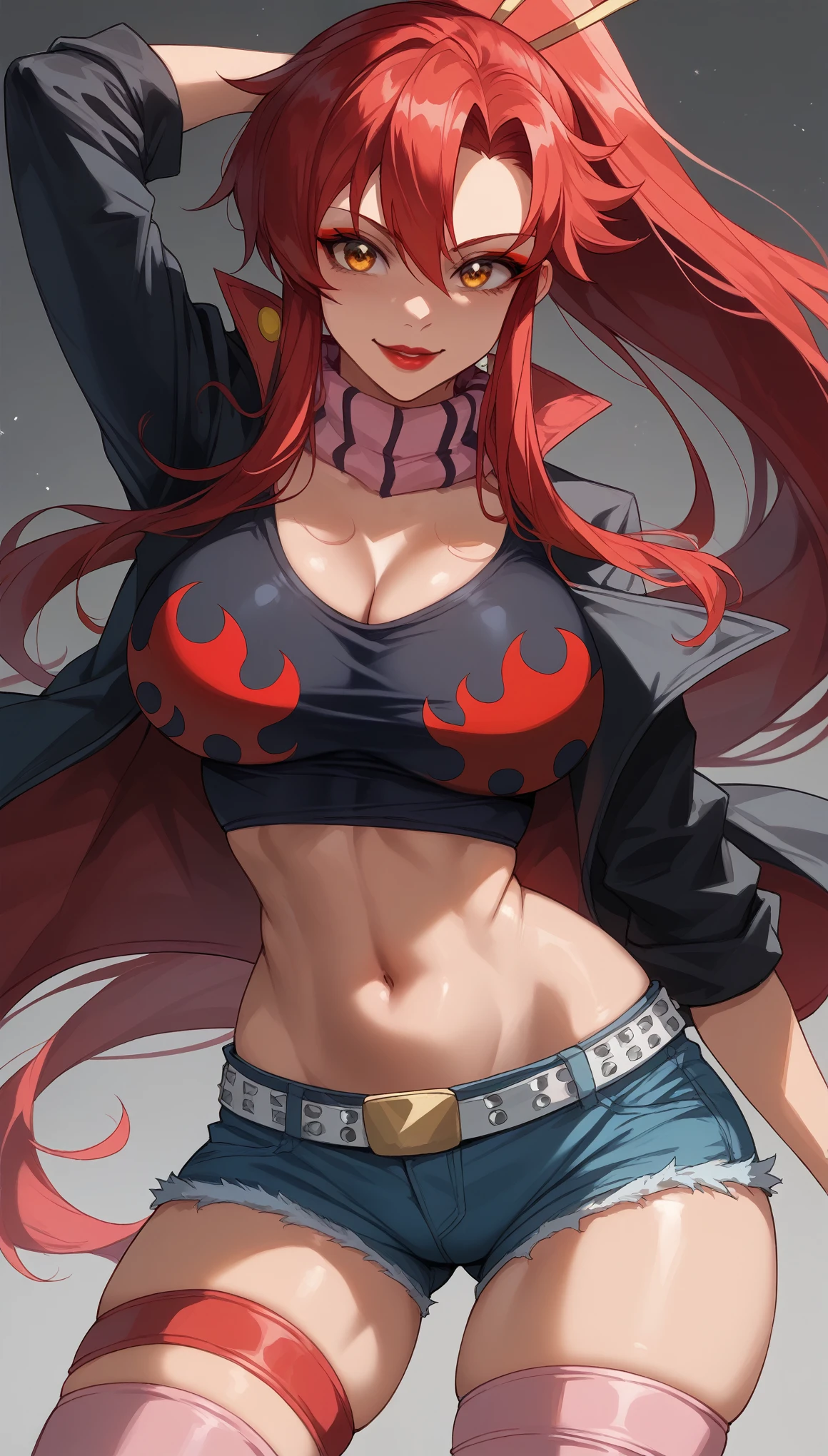Create an incredibly detailed drawing of Yoko's character from the anime Gurren Lagann in the space environment. Let Yoko be pictured up close to show all her gorgeous appearance details. Please ensure the highest quality and maximum detail so that every line, shadow and texture is clear and realistic. Use sharp focus to especially reflect the vivid expression on her face and her characteristic features such as her hair, eyes, and clothes. Add space surroundings with neon lights and a colorful spectrum to create a futuristic, exotic atmosphere. Let these lights illuminate and accentuate Yoko's beauty and elegance. Please make the drawing accurate and appropriate to Yoko's appearance from Gurren Lagann anime. I am grateful for your attention to detail and creativity in fulfilling this order.Littner,yl1, ponytail, scarf, bikini top only, short shorts, mid,,Yokoriff, belt, fingerless gloves, skull hair ornament, elbow gloves, pink thighhighs,better_hands,hands
