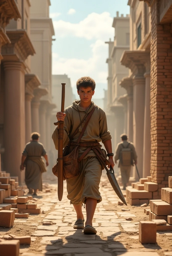 Visual of a Spartan boy, around seven years old, ancient greek, ancient greek clothes, leaving his family and entering the agoge, a state-sponsored military training program.