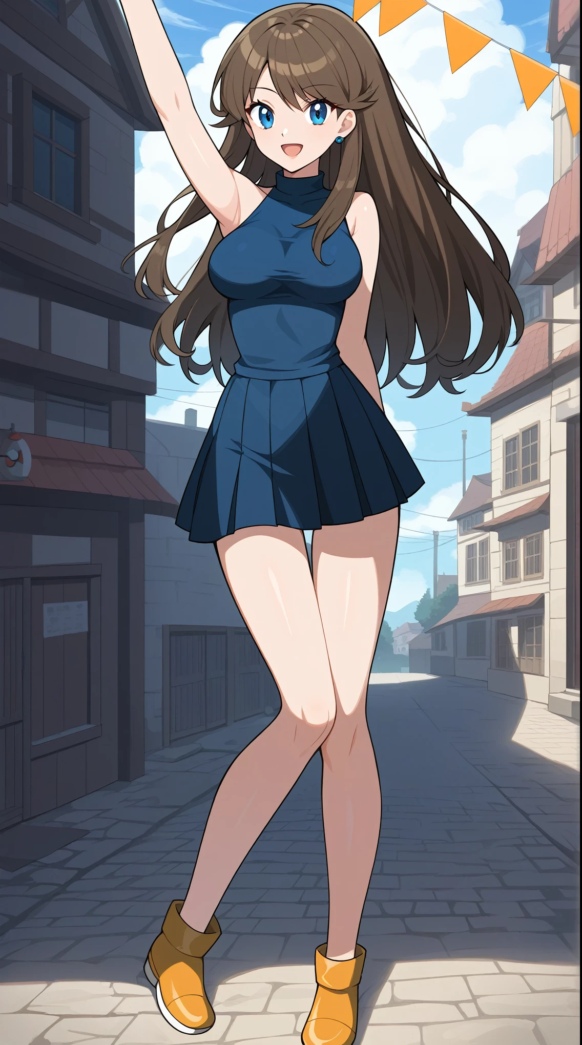   score_9,  score_8_Excellent,  score_7_Excellent,  score_6_Excellent, Best Quality, sauce_Anime,  cell shading ,  flat color, vector,  detailed background, town, building,  break 1 girl, Alone, (\ Pokémon\), Brown Hair, Long Hair,  blue eyes,  black knee-high stockings, Ample breasts,  viewers, 1 Female, Age 18,  is standing, whole body,  Slim Body , smile, Outdoor,  seductive smiles from all around, 挑発的なsmile,  pink sleeveless shirt without gloves,  green pleated mini skirt without gloves, Absolute territory,  put one hand on the lower back ,  tall, Orange shoes, bare hands, No gloves, 