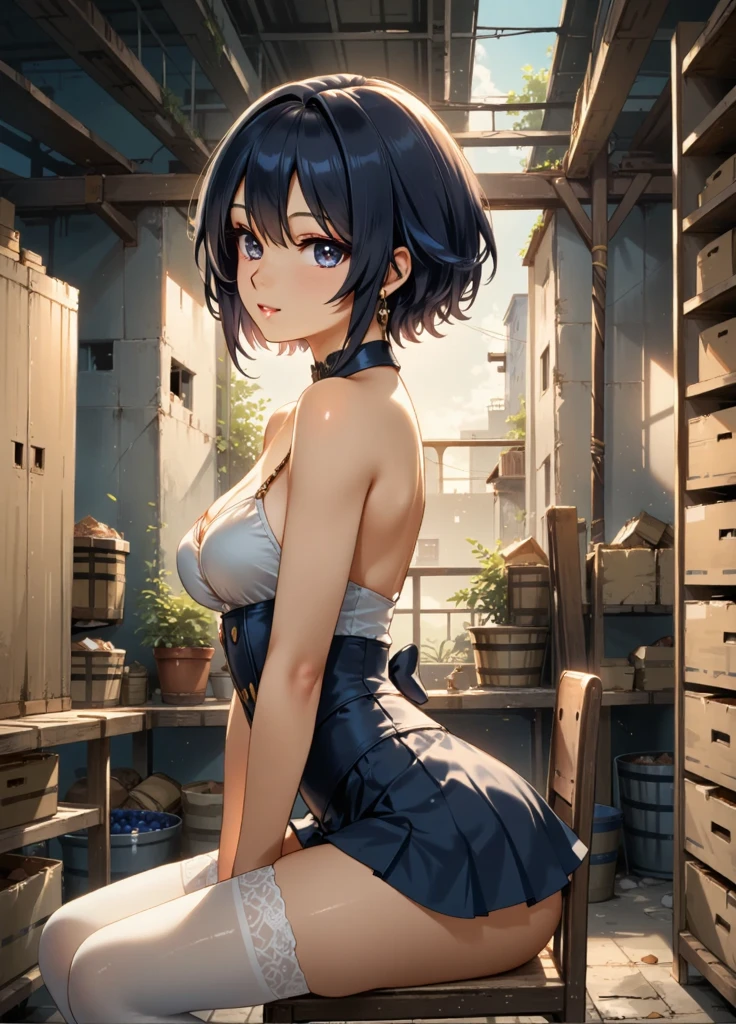 1girl, sitting on chair, sexy pose, sexy, beautiful, female assasin, stockings, mini-skirt, petite, medium breasts, perfect eyes, detailed eyes, side view, looking at viewer, hero view, cowboy shot, dramatuc lighting, abandoned warehouse. Anime 