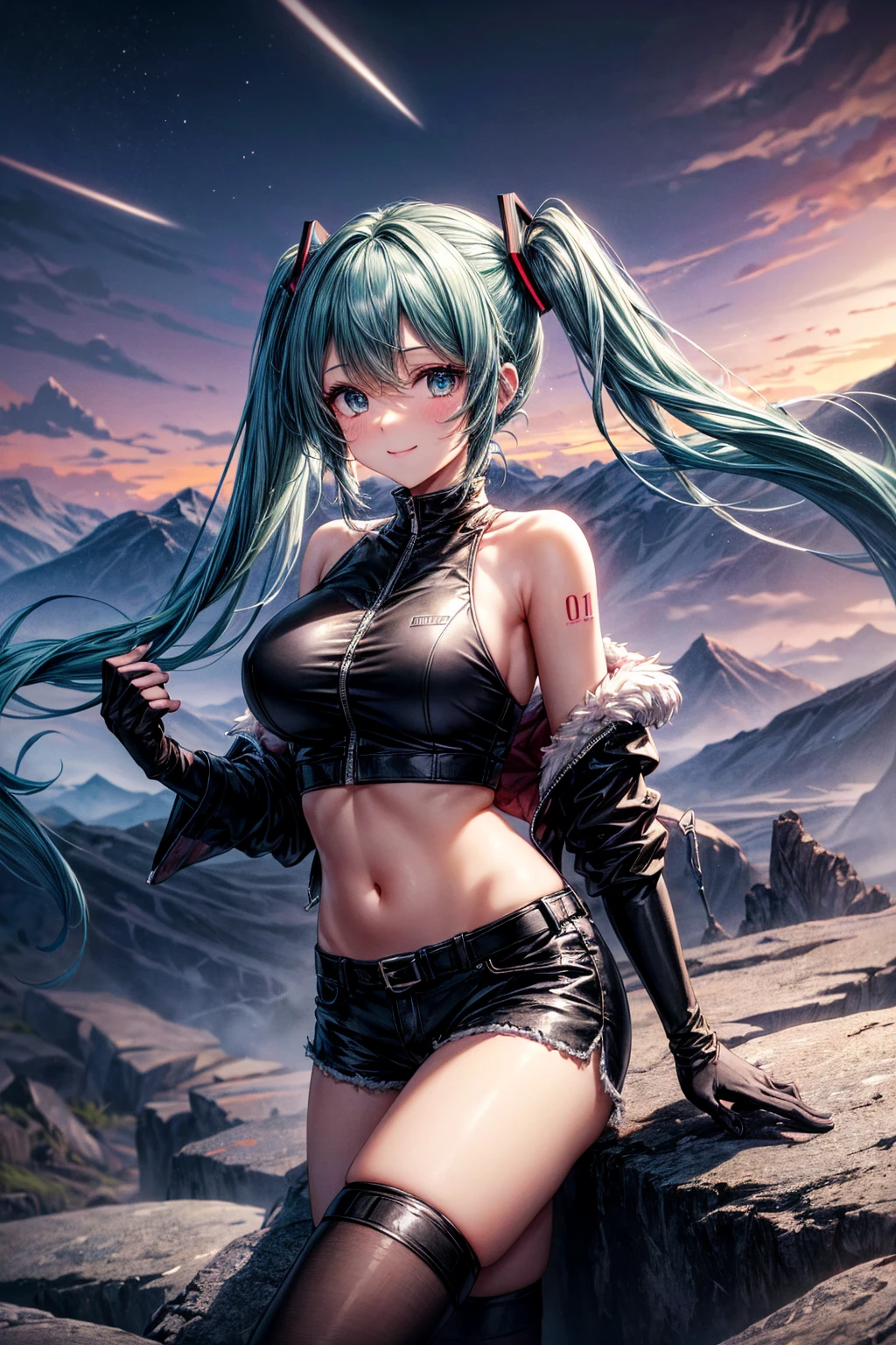Chica anime, anime style, cute hatsune miku x suicune, shy girl , Orejas de Kitsune, furry art, antropomorphic  girl,arte de dark natasha, garden landscape, arte de vixen aztra, cuerpo completo, platas hermosas, cintura delgado, caderas amplias, piernas torneadas, hermosa, foto de cuerpo completo, navel blouse, black skirt, navel piercing, ear piercing, navel tattoo, timid pose, hands back