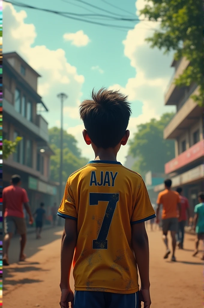 A boy standing in cricket stadium and he wear a gersy name is Prathamesh 