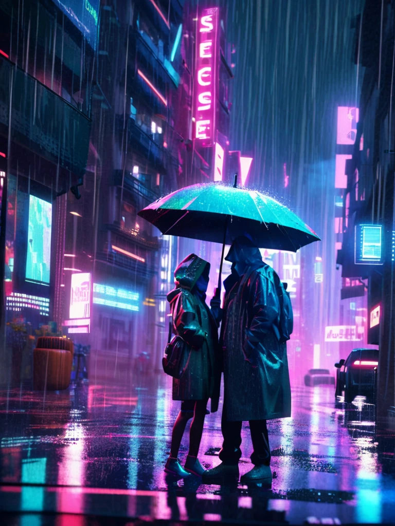 pixel art, rain in city, isometric, 3D, urban landscape, neon lights, rainy day, skyscrapers, puddles, reflections, atmospheric, colorful, vibrant, detailed, crisp, high contrast, cinematic, dramatic lighting, cyberpunk, retrofuturism