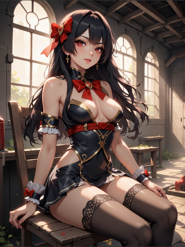 1girl, sitting on chair, assassin, holding kunai, sexy, beautiful, assasin, stockings, black mini-skirt, petite, medium breasts, perfect eyes, detailed eyes, long black hair, red bow in hair, looking at viewer, hero view, cowboy shot, dramatic lighting, abandoned warehouse. Anime style