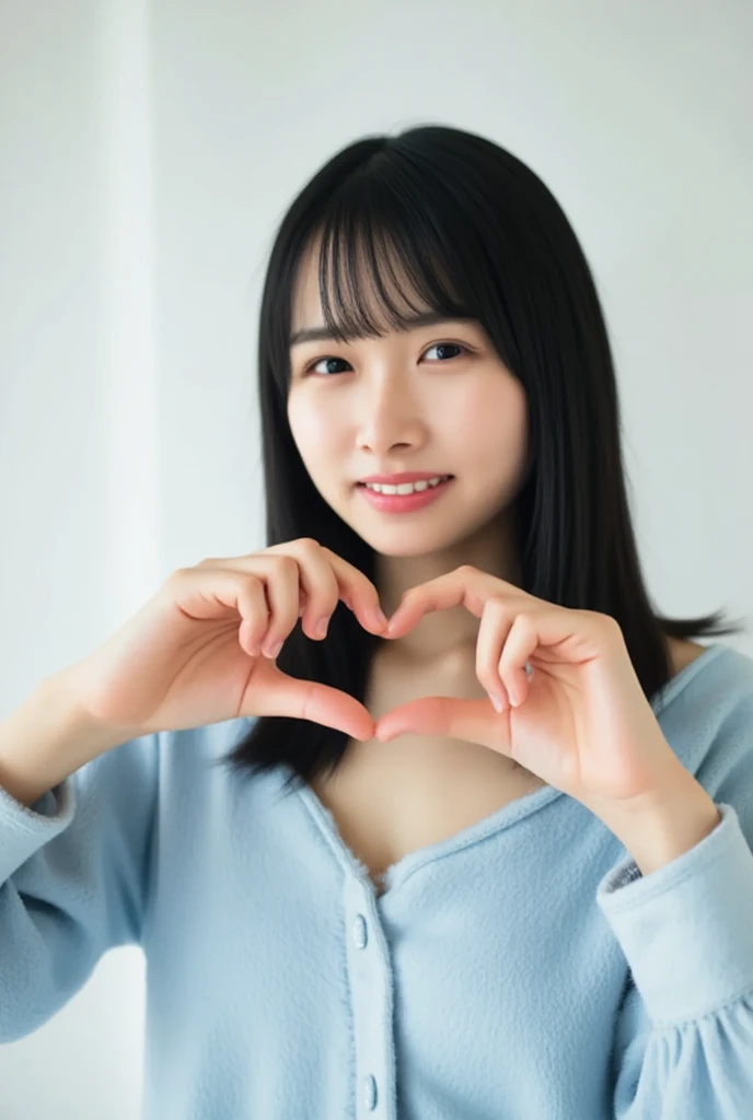 Only one woman with a cute smile wears cute, fluffy off-shoulder pajamas, makes a big heart shape with both hands, and poses them in front of her chest, View above collarbone、The background is a monotone 

