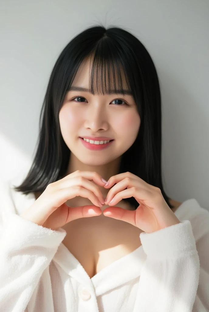 Only one woman with a cute smile wears cute, fluffy off-shoulder pajamas, makes a big heart shape with both hands, and poses them in front of her chest, View above collarbone、The background is a monotone 

