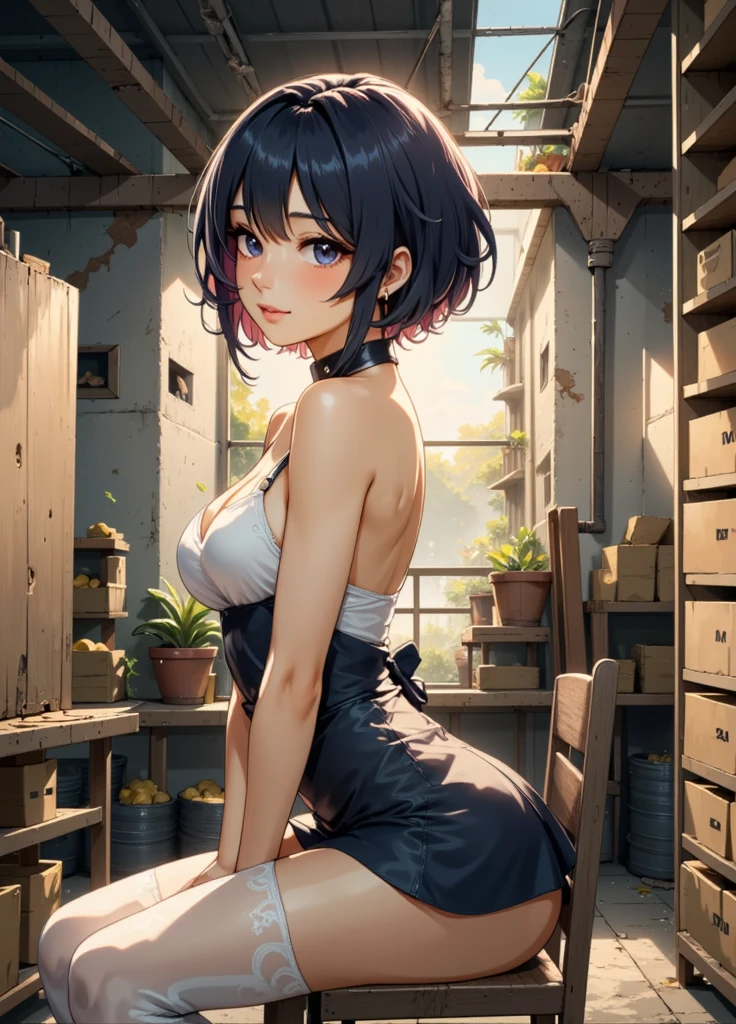 1girl, sitting on chair, sexy pose, sexy, beautiful, female assasin, stockings, mini-skirt, petite, medium breasts, perfect eyes, detailed eyes, side view, looking at viewer, hero view, cowboy shot, dramatuc lighting, abandoned warehouse. Anime style