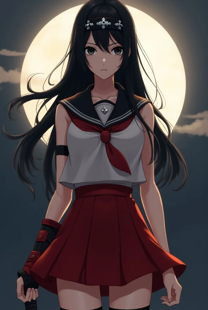 (1girl), black hair, extremely long hair, yellow eyes, muscular, huge breasts, thick thighs, solo, angry, (pale skin), cowboy shot, (serafuku)