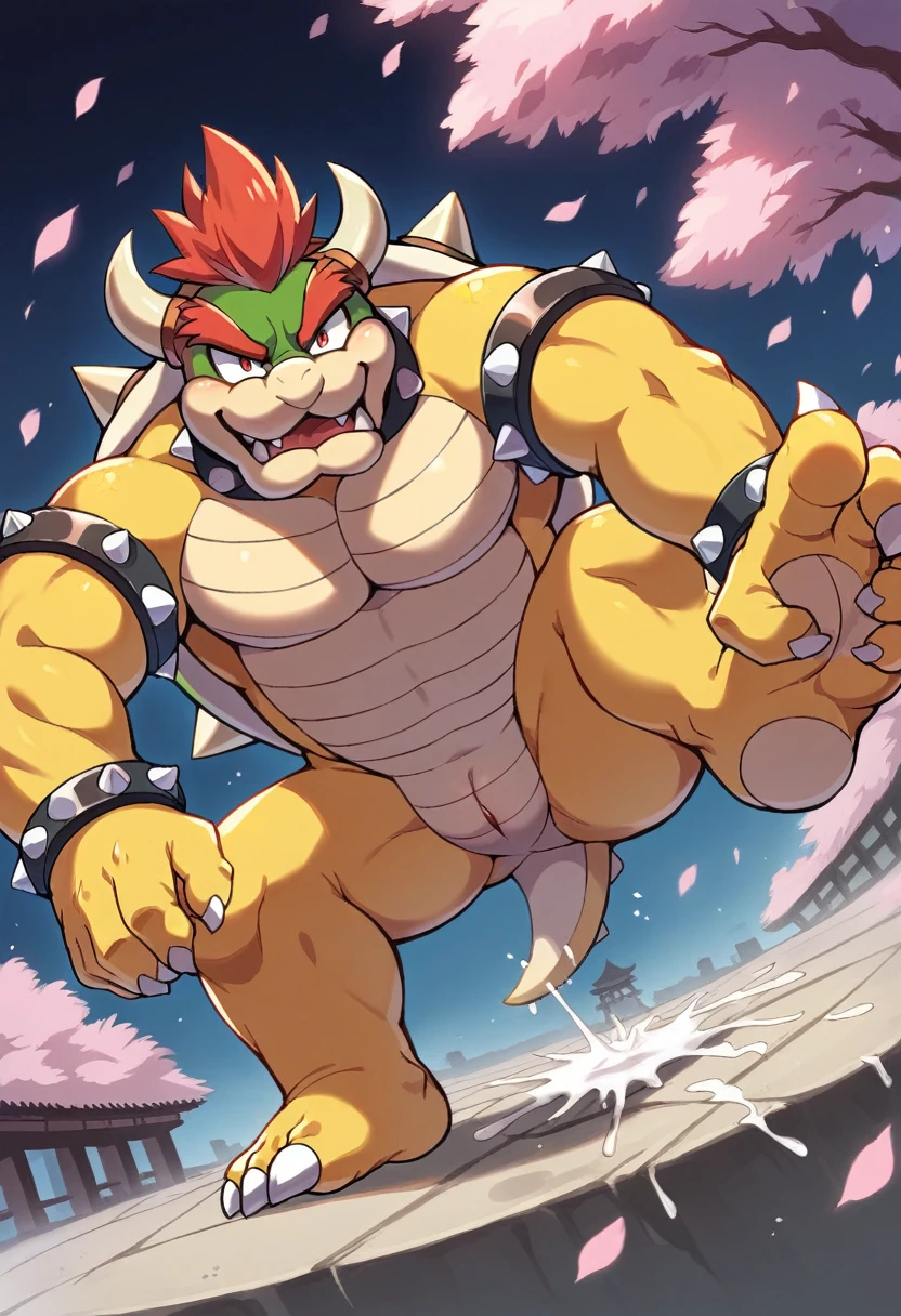 masterpiece,Best Quality,kemono,  anthro  (Bowser), male, (Bowser),middle aged, ((Crotch line slit)),Chinese Building,Majestic, cruel,confident,strong,cherry blossoms, cherry blossomsの花 葉, Outdoor,  dynamic angle that raises one leg terribly, faces with a depth of writing , correct anatomy , The right move,, Hi-Res, dim ,dark,dark shadows, light against dark, Movie-like ,  dramatic light , Wide Dynamic Range,  Hi-Resr, dark場所:1.2, by Pino Daeni, ( by Luadri ), by virtyalfobo，( splash, Spill, milk ((body)),  Stud earrings,  (Insect&#39;s Eyes),, close-up,   open legs,( Warm Eye View ),sit