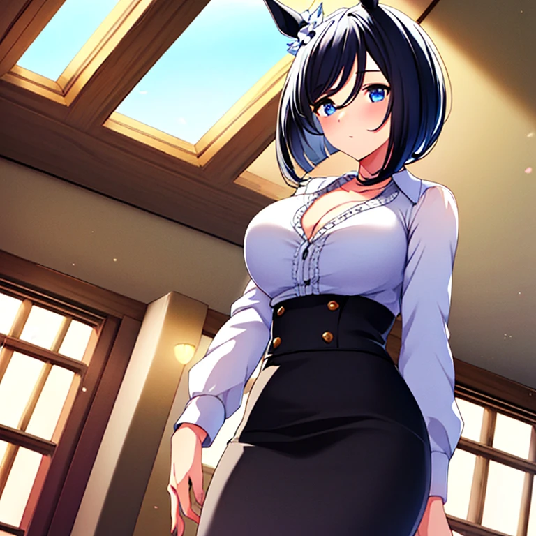 masterpiece, textured skin, Hi-Res, cowboy shot, 
solo, (EishinFlash), asw_eishin flash \(umamusume\), 
horse ears, (black horse tale), umamusume, black bob cut, blue eyes, hair over ears, 25 years old, large breasts,  cleavage, 
white dress shirt, black pencil skirt, A scrunchie adorned on the right ear, 
office, indoors, natural light, 
light smile, looking at viewer