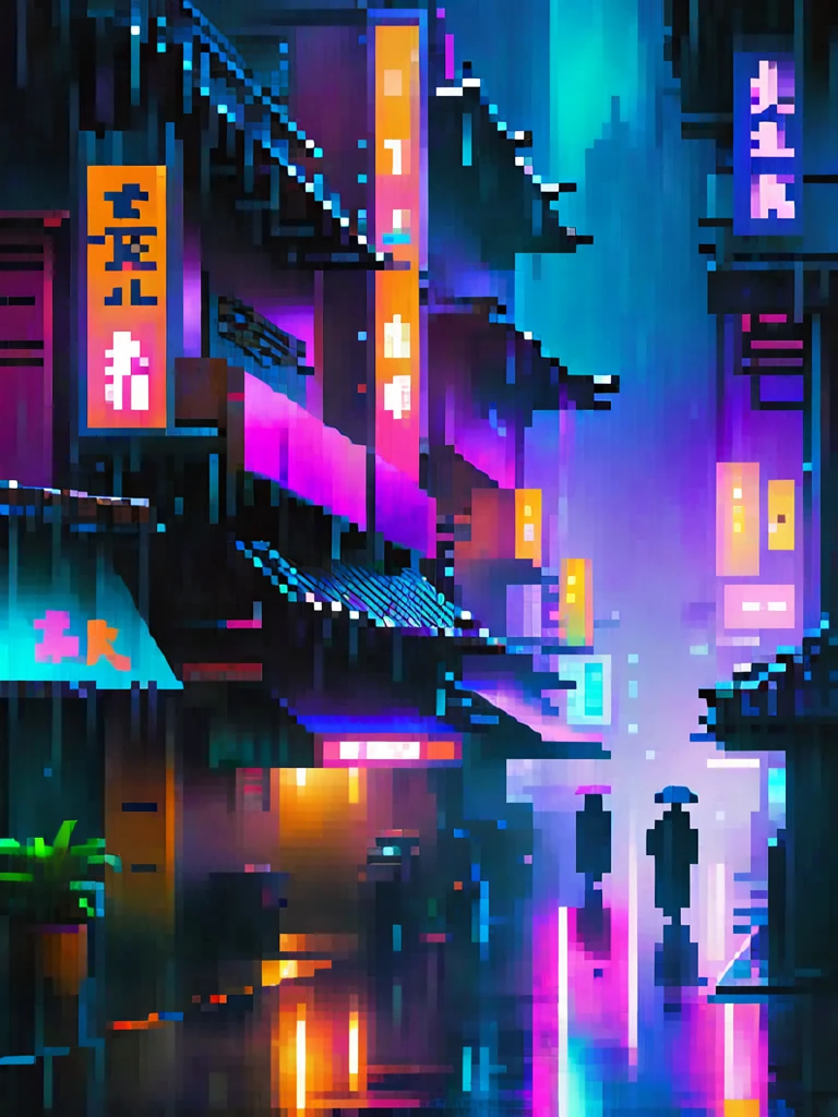 a rainy day in a pixel art city, isometric view, detailed architecture, neon lights, wet reflections, cyberpunk aesthetic, moody atmosphere, cinematic lighting, vibrant colors, intricate details, volumetric fog, depth of field, ray-traced rendering, photorealistic, 8k, best quality, highly detailed