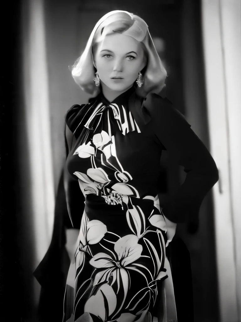 a black and white photo of a woman in a dress by George Hurrell, flickr, op art, 1 9 4 0 s haircut, vintage noir, old hollywood, 1940s photography, 1 9 4 0 s film noir, 1940's photography, in her early 20s, 1 9 4 0 s, 1940s