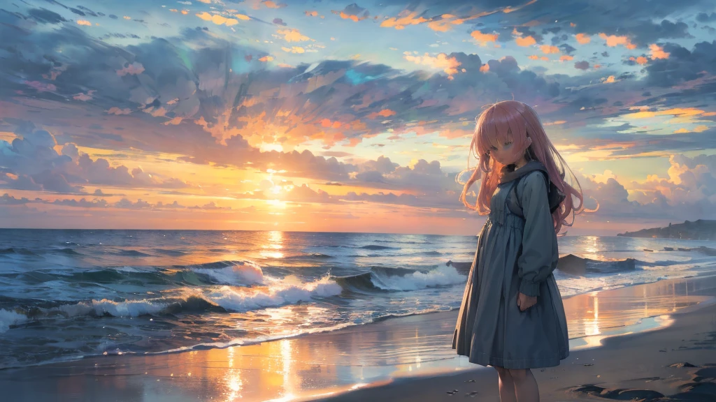 A peaceful beach scene just before sunset, with a sky colored in warm oranges and soft pinks fading into dusk. A person stands alone near the shoreline, gazing out toward the sea with a reflective and melancholic expression, as if lost in thought. Their hair and clothes are gently blown by the sea breeze. The waves softly reach the sand, and the ocean stretches out into the distance. The atmosphere is serene yet filled with a sense of longing and sorrow, evoking unrequited love and waiting.