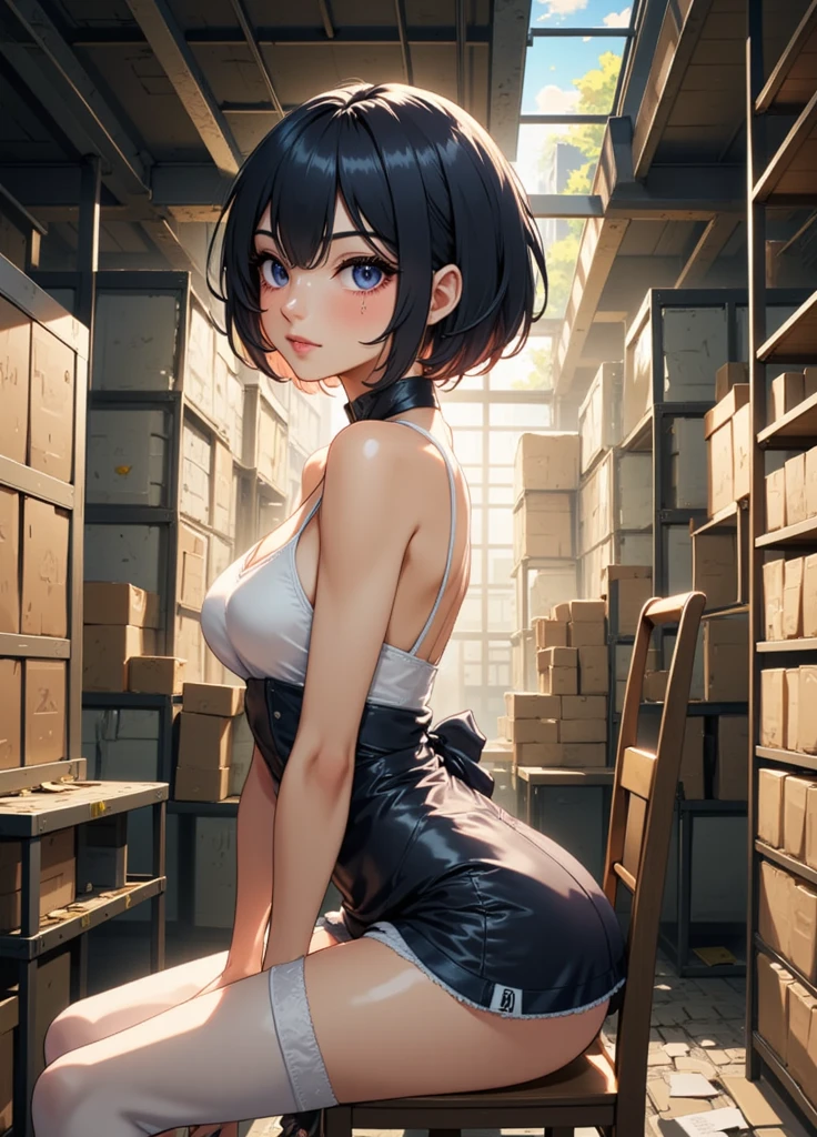 1girl, sitting on chair, sexy pose, sexy, beautiful, female assasin, stockings, mini-skirt, petite, medium breasts, perfect eyes, detailed eyes, side view, looking at viewer, hero view, cowboy shot, dramatuc lighting, abandoned warehouse. Anime style