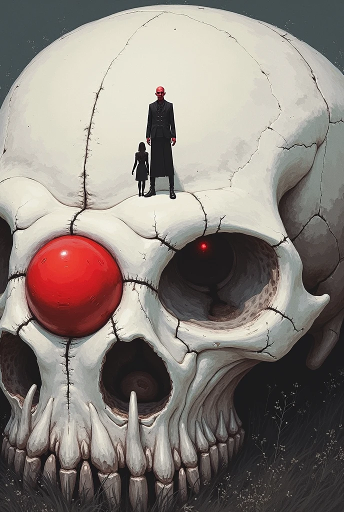   picture of a man standing on top of the skull of a red-eyed giant, skull painting,  Inspired by David Wojnarovich, Red skull nose,  painting of a woman and man standing in a field ,  Detailed cover art , Jan Zrzavý,  by Tadeusz Pruszkowski , , Black lung detail  