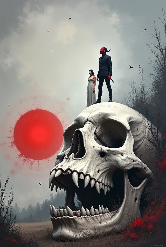   picture of a man standing on top of the skull of a red-eyed giant, skull painting,  Inspired by David Wojnarovich, Red skull nose,  painting of a woman and man standing in a field ,  Detailed cover art , Jan Zrzavý,  by Tadeusz Pruszkowski , , Black lung detail  