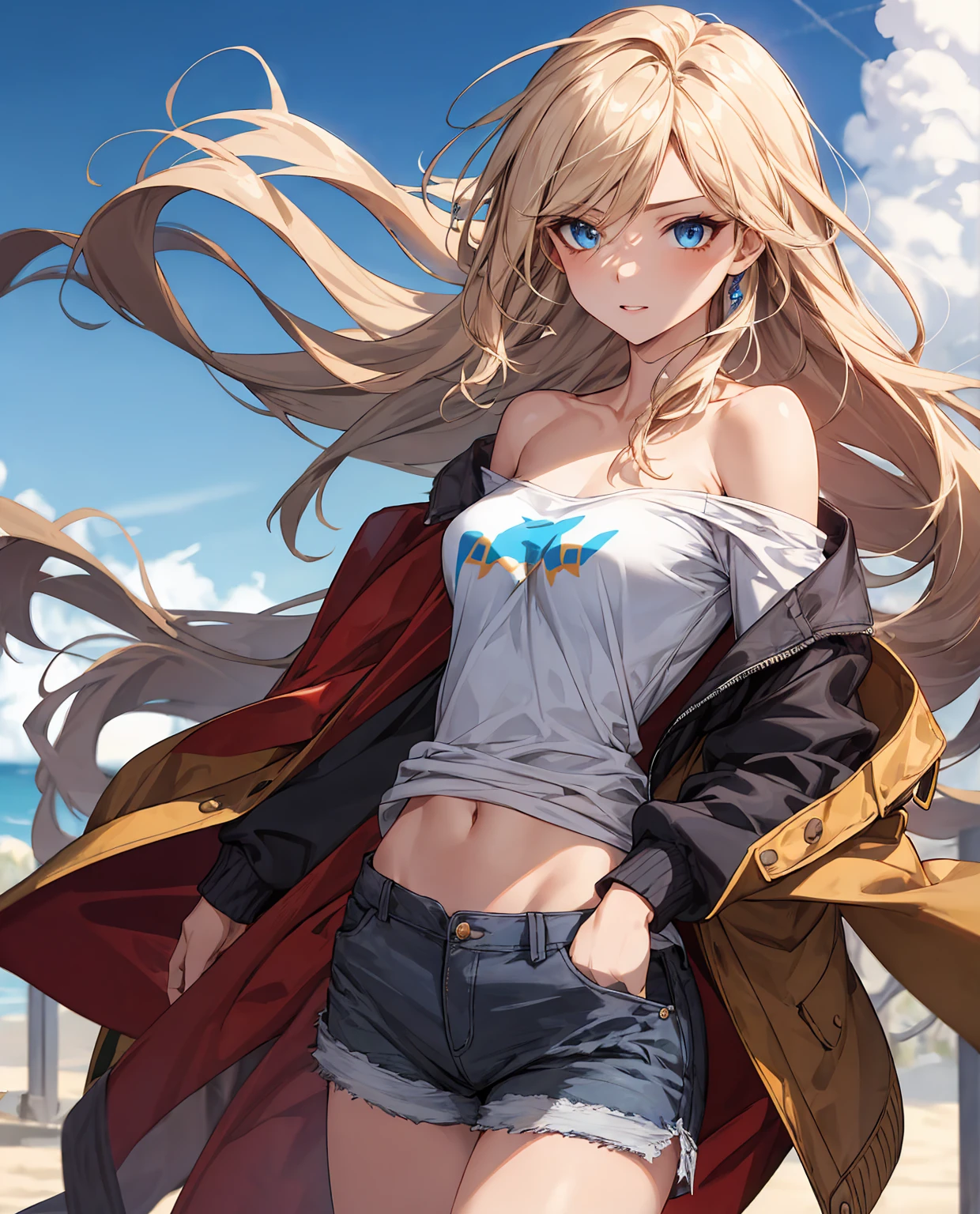 (masterpiece), best quality, expressive eyes, highres, anatomically correct, 1girl, perfect face, perfect hands, female, long hair, fair skin, medium chest, cowboy shot, half body, perfect anatomy, ashy blonde colored hair, adult female, mature female, attractive, streaked with many hints of blue and white, unique two tone hair, long hair, flowing hair, wearing sunglasses, strong, soldier, casual wear, form fitting, toned body, muscular, messy hair, half body shot, cowboy shot, symmetrical features, friendly, sarcastic, fun, hero, unique, t-shirt, oversized shirt, bust outline, gray shorts, long jacket, sky blue jacket with hints of white on the sleeves, flowing clothes, flowing hair, wind, windy, hands in pockets, blue eyes, hair over shoulders, beautiful maiden, laid back, assured, confident, bianka durandal ataegina, off shoulder, oversized shirt, two arms, perfect anatomy,
