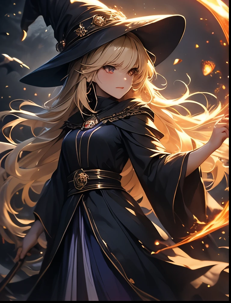 (((SFW、Precision、Highest quality、A first-class masterpiece、Normal body、8k、 Detailed Face 、Ultra-precision、 Normal hand、5refer to、Highest)))、Witch、Witch(Puyo Puyo)、adult、 Blonde Long Hair、 Mage Robe、Mage Hat