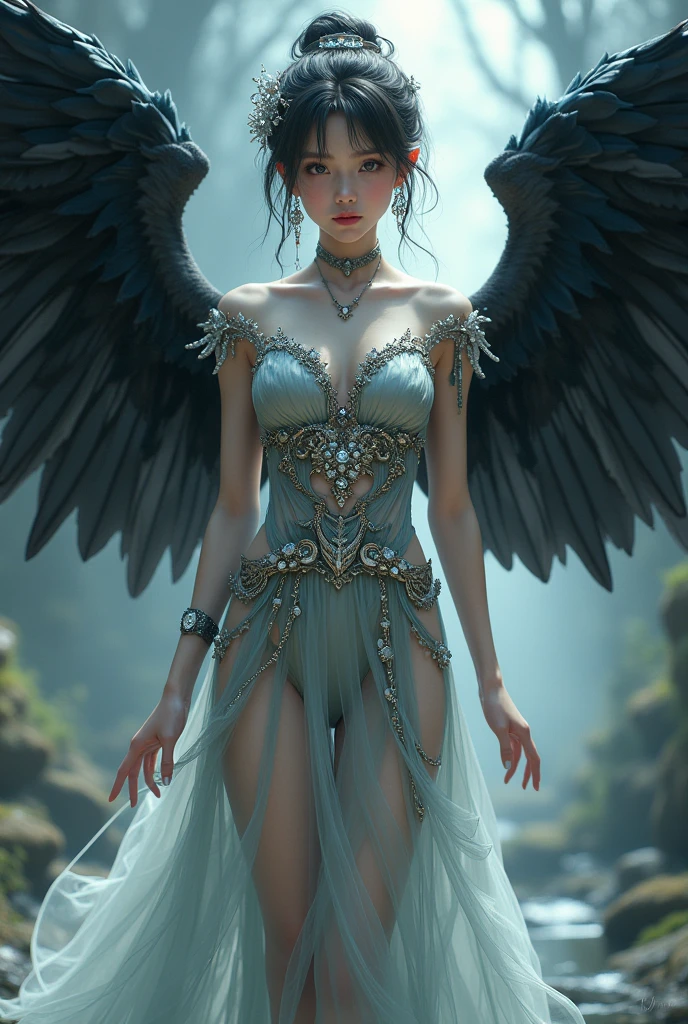 modelshoot style, the most beautiful  artwork in the world featuring a (gothic angel cute woman in skirt:1.2), ((navel :1.5)), (( black and indigo dress:1.2)) sexy pose infront of a gorgeous glowing forest full of fireflies flying around, large detailed wings, (dark force:1.3), 35mm lens, f/1.8, 8K, clear facial features, (cinematic action scene:1.2), accent lighting, global illuminatio, trending on ArtStation, trending on CGSociety, Intricate, High Detail, Sharp focus, (dramatic:1.1), photorealistic painting art by midjourney and greg rutkowski