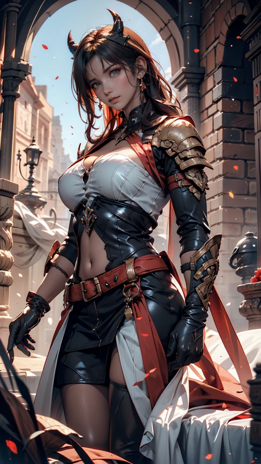 The woman, The woman, poca CLOTHES, CLOTHES, knee high boots, Bracelets on the legs, ((sea at the bottom)), renaissance, very detailed renaissance, Realistic long-term photography, 4k, ((by the wide, brown hair, By the chestnut)), Red lips, (((garagantilla, shocks))),bracelet, sexy,red lips, brown eyes,((big breasts, big breasts, breasts)), pantyhose, lucia auditore, (((Gold Mask)))