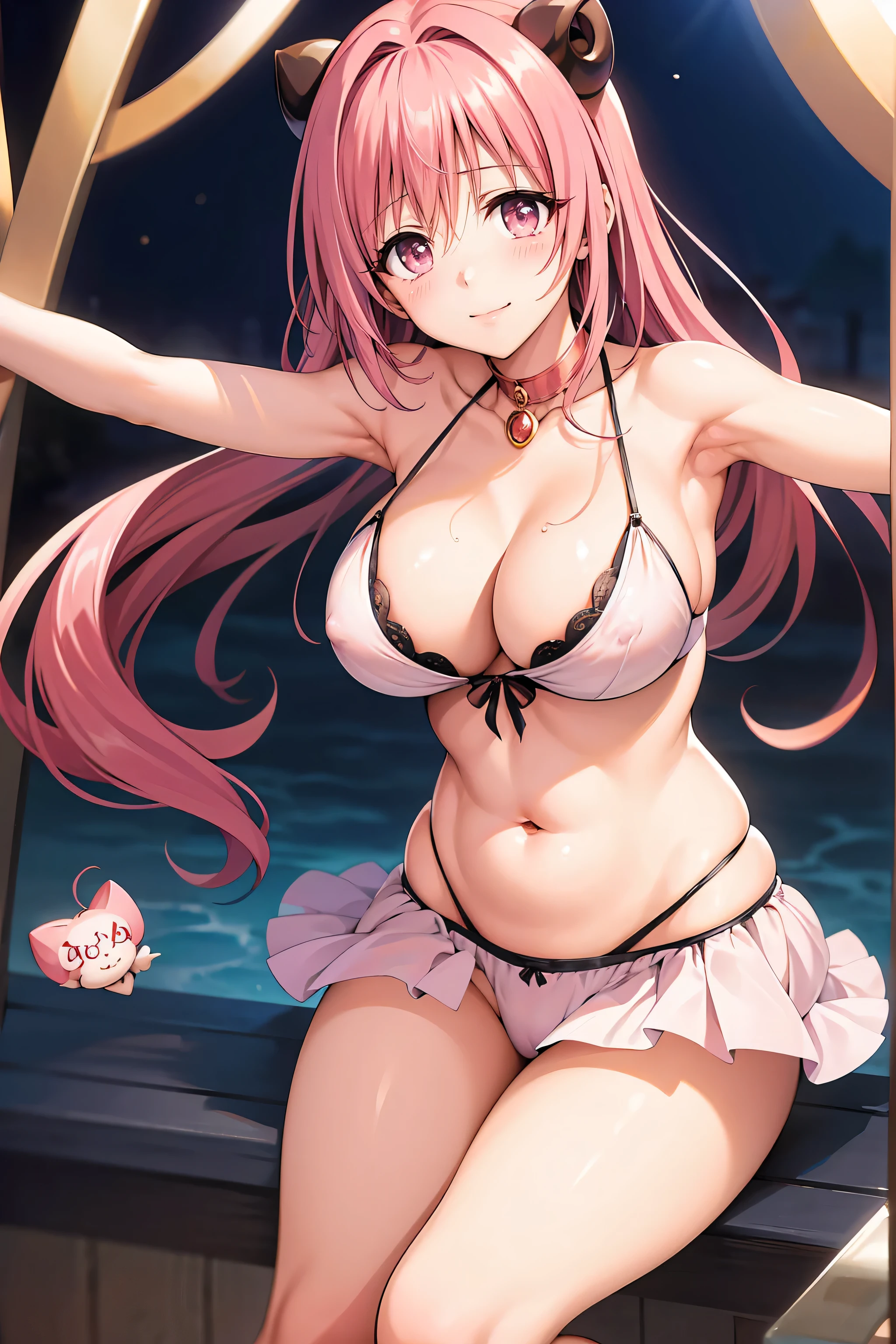 cat furry girl,long hair,pink fur,armpits fur,naked maid apron,maid headdress,white maid glove,glasses,neck fur,pubic fur,blue sky,sit on beach chair,beach umbrella,sunset,full face blush,close eye,sex suggestive face,looking at viewer,high angle