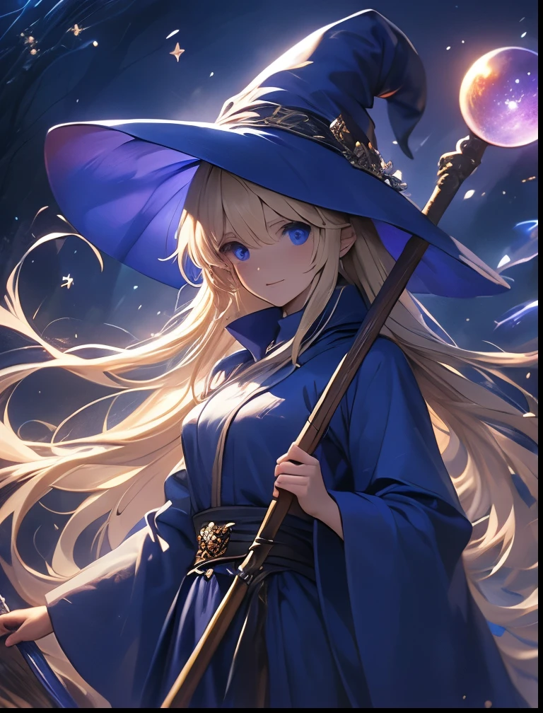 （（（ＳＦＷ、Precision、Highest quality、A first-class masterpiece、Normal body、8k、  Detailed Face 、Ultra-precision、 Normal hand、５refer to、Highest）））、Witch、Witch（Puyo Puyo）、adult、 Blonde Long Hair 、 Blue Mage Robe、 Blue Mage Hat 、Broom Wand 