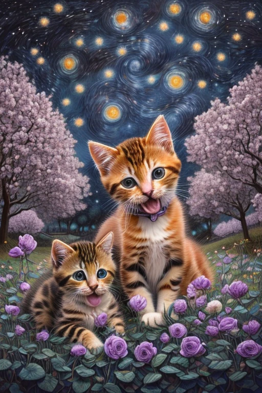 this super detailed art ,  cute kittens surrounded by ethereal roses, Laughter, Best Quality,  Hi-Res,  intricate detail ,  Fantasy, Cute Animals,  purple ,  funny, To the left!! mouth!!! smile!!!