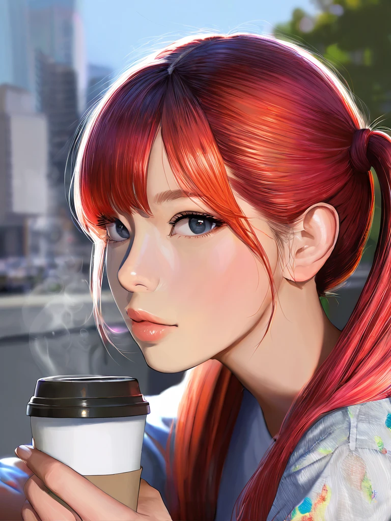 1 girl, beautiful detailed eyes, beautiful detailed lips, extremely detailed eyes and face, long eyelashes, red hair, twintails, medium breast, energy, active, sitting, upper body close up, side view, looking at viewer, drinking coffee, city background, crowded, background blur, casual outfit, (best quality,4k,8k,highres,masterpiece:1.2),ultra-detailed,(realistic,photorealistic,photo-realistic:1.37),HDR,UHD,studio lighting,ultra-fine painting,sharp focus,physically-based rendering,extreme detail description,professional,vivid colors,bokeh,portraits,photography,concept artists,colorful,dramatic lighting