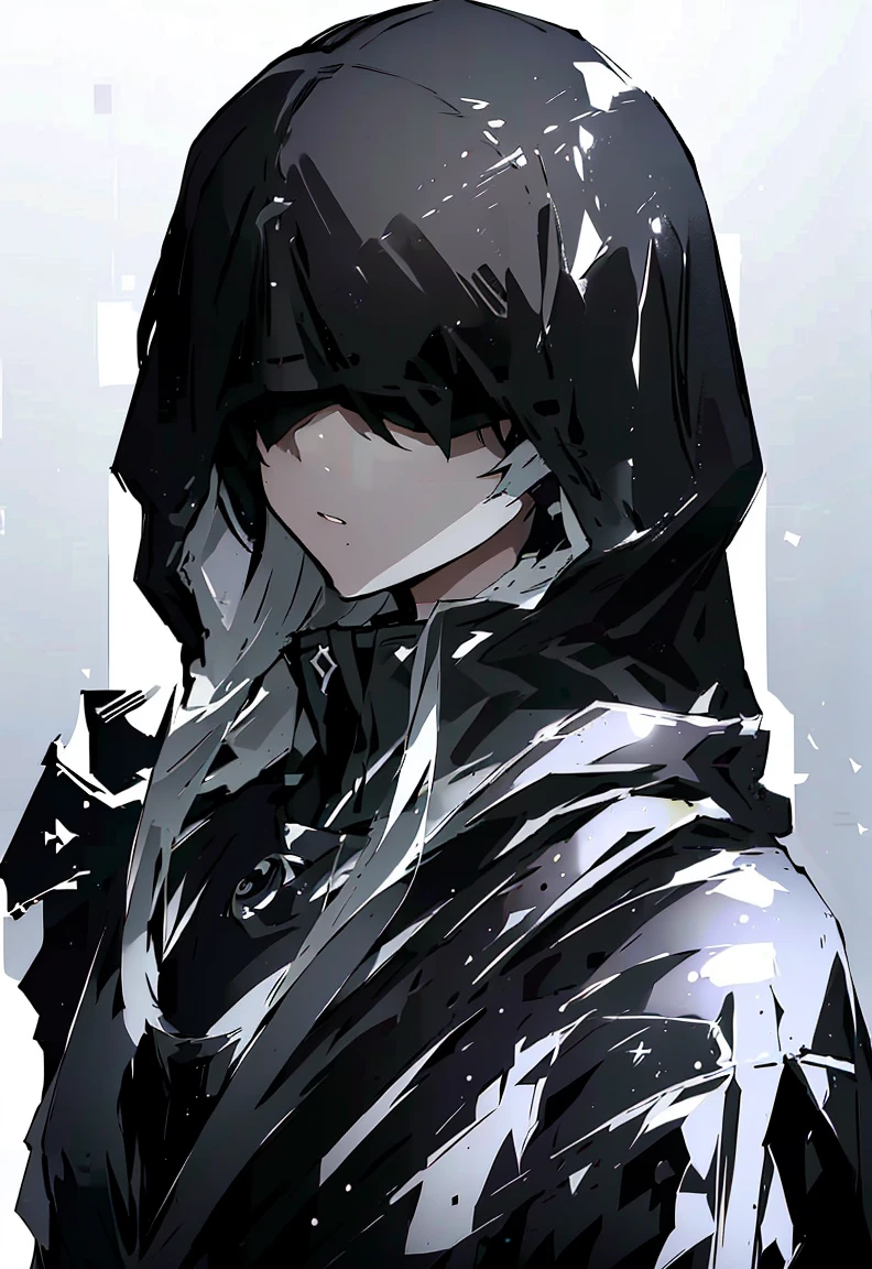 ((( White background, Good eyesight 、 viewer with strong eyesight ))), ((  hood to cover face  ,Only the mouth is visible from the hood,  I can't see my face  ,Wearing a hood,woman)),  Best Quality,  black hair , 白のフードで  I can't see my face  , whole body,  very detailed、 High image quality、 High image quality、 depth of written boundaries  ,ice control