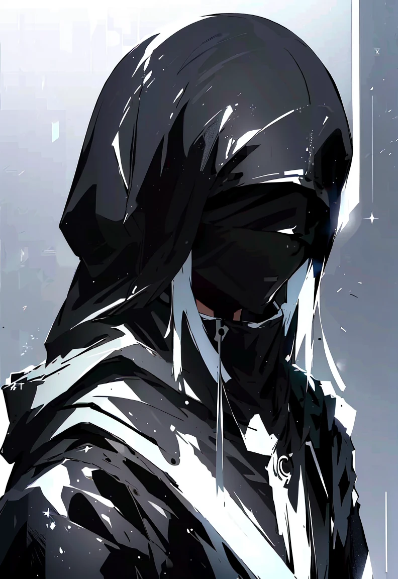 ((( White background, Good eyesight 、 viewer with strong eyesight ))), ((  hood to cover face  ,Only the mouth is visible from the hood,  I can't see my face  ,Wearing a hood,woman)),  Best Quality,  black hair , 白のフードで  I can't see my face  , whole body,  very detailed、 High image quality、 High image quality、 depth of written boundaries  ,ice control