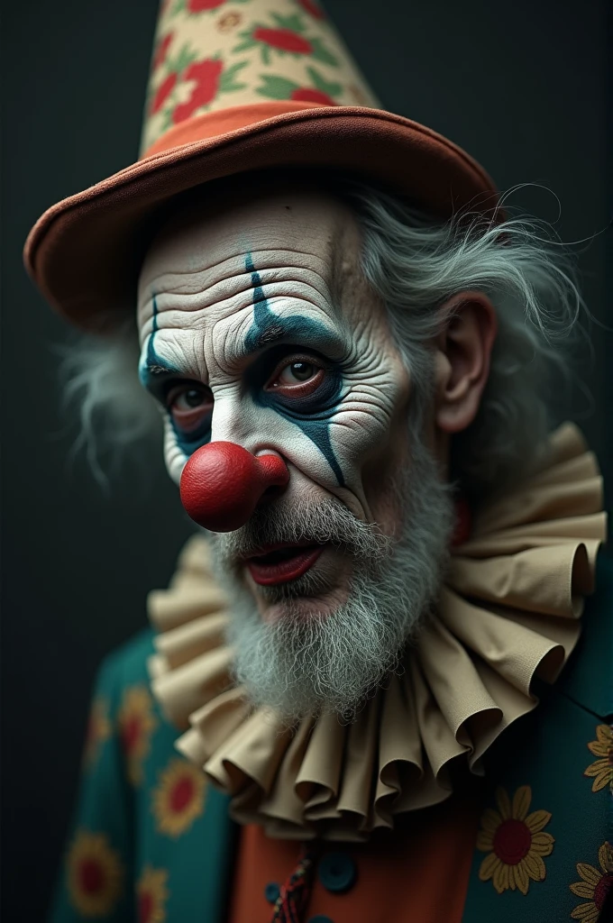arafed old man with a red nose and a hat, gritty portrait, inspired by Lee Jeffries, clown, color photograph portrait 4k, portrait death clown, the clown is far from the camera, by Fabien Charuau, by Marius Borgeaud, portrait of a joker, communist clown portrait, an oldman, portrait of circus artist