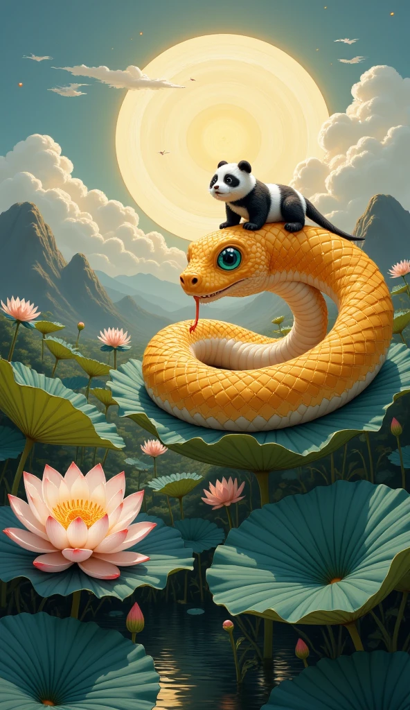 The world of felt，Ink wind background, Felt bridge flowing water ， Felt landscape ，A huge lotus flower ， Soft golden glow ， A Q version of a young snake is revealed on the huge lotus core， Plush velvet is cute ， Plush golden felt-textured scales ，Gradient gold ， Light gray textured little belly ， Large, round eyes that radiate emerald green and soft light ， Pure spiritual eyes ， Full of wisdom and wisdom about the surroundings State ， A felt panda stands on the side with its paws sticking out and rests on top of a young snake's head， blockbuster cinematic perspective ， interlaced light and shadow ，High resolution reveals details， Extreme Details ，Super Resolution，Image Quality， octane rendering ，Global Illumination