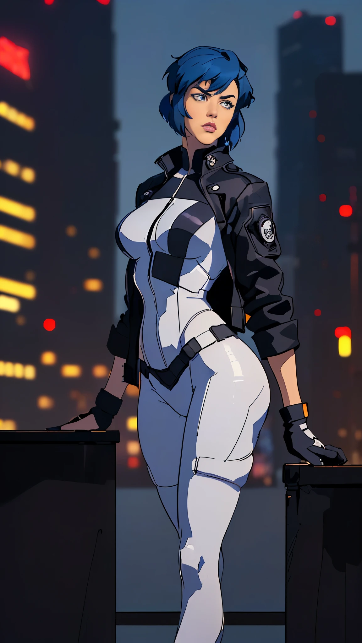 (A woman),(Motoko Kusanagi:1.5),(((Special forces women standing:1.5))),((White Tactical High Leg Bodysuit:1.5)),((Black jacket:1.5)),(Black Gloves:1.5),(serious:1.5),(short hair:1.5),(((Blue Hair:1.5))),(beautiful eyes:1.3),(Very detailedな顔:1.5),((Very detailed drawing of a woman's hand:1.5)),((Muscular:1.5)),(Sexy appearance:1.5),((Thick thighs:1.5)),(Beautiful Body:1.5),((Very sensual:1.5)),(Skyscrapers background at night:1.5),(cyberpunk atmosphere:1.5),(((Blurred Background:1.5))),(Written border depth:1.5),rest(((masterpiece:1.5),(best quality:1.5),(Very detailed:1.5),(high resolution:1.5),(Practical:1.5),(Practical:1.5),(Delicate depiction),(Carefully drawn))),8k,wallpaper