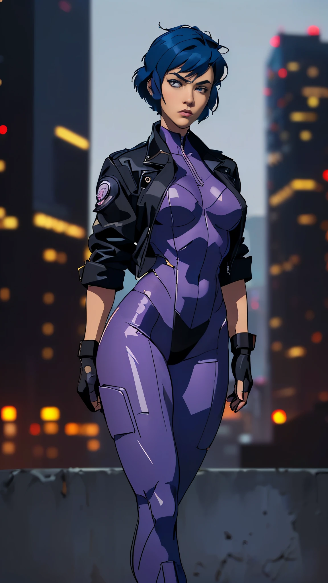 (A woman),(Motoko Kusanagi:1.5),(((Special forces women standing:1.5))),((White Tactical High Leg Bodysuit:1.5)),((Black jacket:1.5)),(Black Gloves:1.5),(serious:1.5),(short hair:1.5),(((Blue Hair:1.5))),(beautiful eyes:1.3),(Very detailedな顔:1.5),((Very detailed drawing of a woman's hand:1.5)),((Muscular:1.5)),(Sexy appearance:1.5),((Thick thighs:1.5)),(Beautiful Body:1.5),((Very sensual:1.5)),(Skyscrapers background at night:1.5),(cyberpunk atmosphere:1.5),(((Blurred Background:1.5))),(Written border depth:1.5),rest(((masterpiece:1.5),(best quality:1.5),(Very detailed:1.5),(high resolution:1.5),(Practical:1.5),(Practical:1.5),(Delicate depiction),(Carefully drawn))),8k,wallpaper